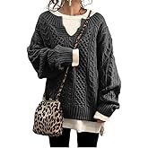 chouyatou Women's Winter Chunky V Neck Long Sleeve Loose Cable Knit Sweater Pullover