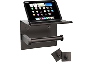 Tindbea Mega Size Toilet Paper Holder with Shelf + Towel Robe Hooks, Adhesive or Screw Wall Mounted Toilet Tissue Roll Holder, Stainless Steel Bathroom Hardware Set (Bronze)