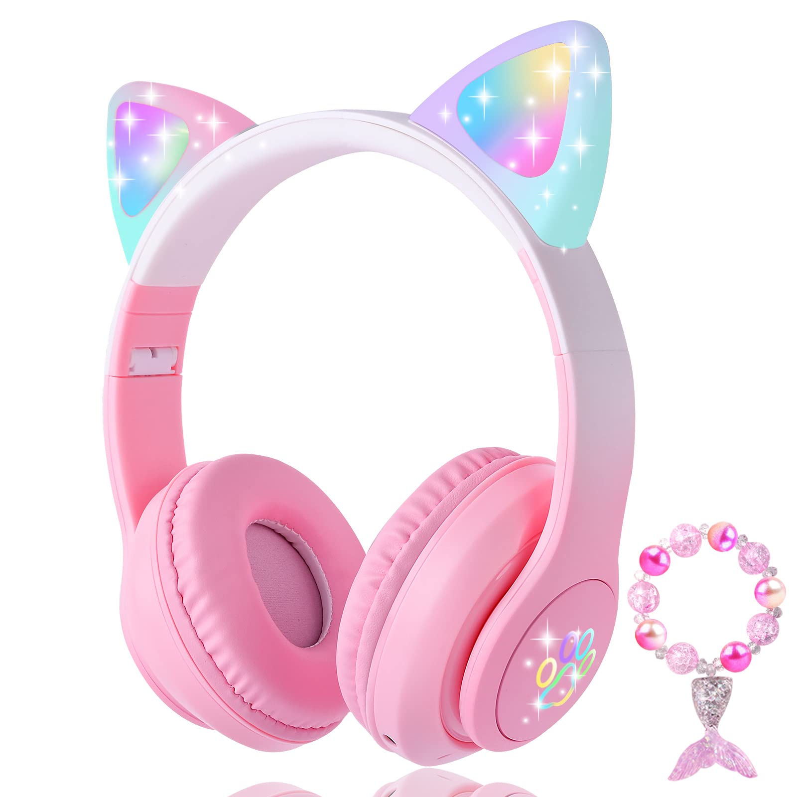 Photo 1 of KORABA Cat Ear Kids Headphones Bluetooth, LED Light up Wireless/Wired Mode Over Ear Headphones with Build in Microphone for School/Travel (Pink)