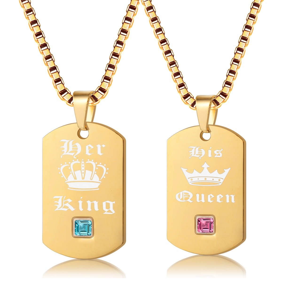 Uloveido Yellow Gold Necklaces Couples His Queen & Her King Match Necklaces for Men and Women - Titanium Stainless Steel Square Pendant with 48cm and 58cm Chain SN118