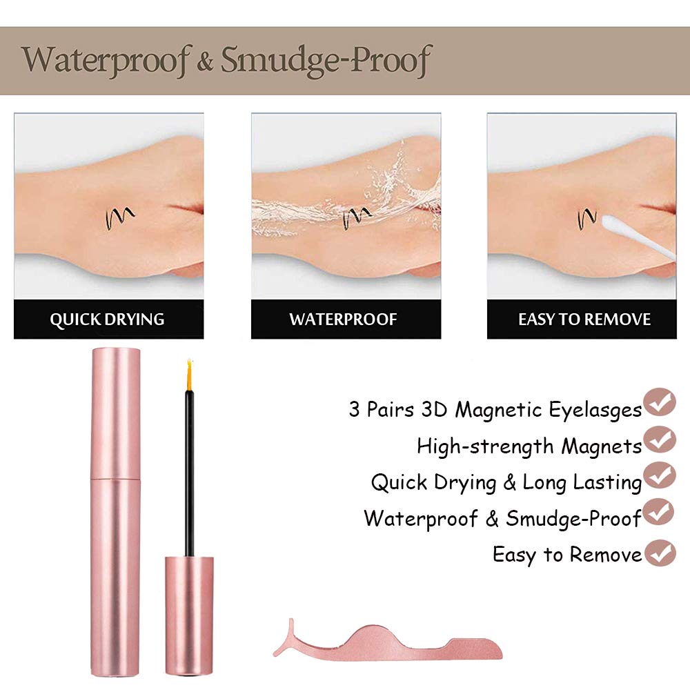 Magnetic Eyelashes with Magnetic Eyeliner, AIRGINE 3D Reusable False Eyelash Set with Tweezers, 3 Pairs Natural Dramatic Fake Lashes, Glue Free