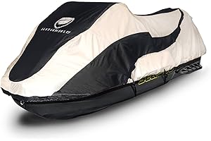 EliteShield Trailerable Jet Ski Cover, Heavy Duty Waterproof Marine Grade 600D Solution-Dyed Polyester PWC Cover, Fits from 126" to 135" 3 Seater, Two Tone Black/Gray Color