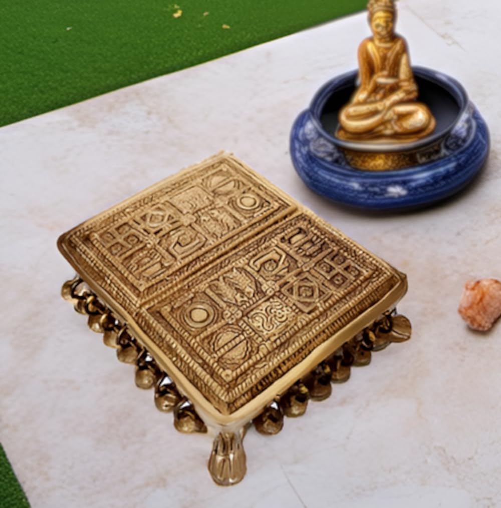 Purpledip Brass Platform Chowki with Holy Symbols Carving: Square Plinth for Statue, Idol, Vase or Artifact (12275)
