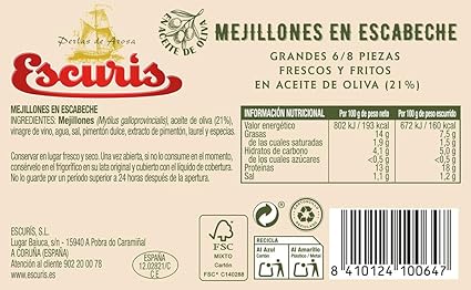 Escuris, Conserva de mejillones en escabeche 6/8 piezas - 6 latas ...