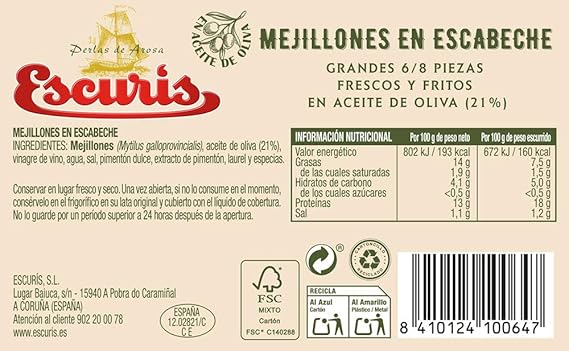 Escuris, Conserva de mejillones en escabeche 6/8 piezas - 6 latas ...