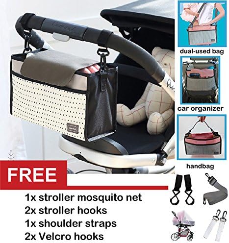 Baby Stroller Organizer Universal Fit 2 Cup Holders Lightweight Design with Shoulder Strap, Stroller Hooks and Mosquito Net
