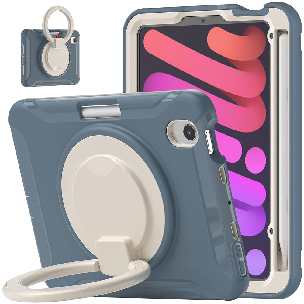 iPad 8.3 inch Mini 6 2021 Case with Pen Holder, Hand Strap and Adjustable Shoulder Strap and Durable Triple Protective Case, Navy Blue