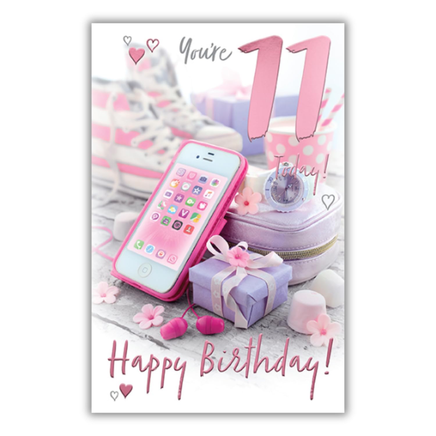 Words and Wishes 11th Birthday Greeting Card - Photographic Mobile Phone Design - Pink Foil Finish