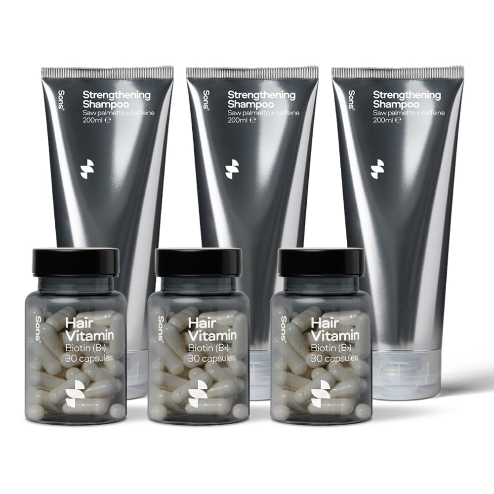 Sons Biotin Capsules and Shampoo. DHT Blocker and Hair Thickening Formula with Caffeine for Hair Growth. Vegan Vitamin B7 Supplement for Hair Loss. 3-Month Plan. Made in Europe.