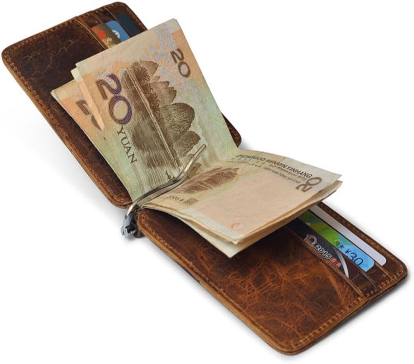 MuLier Men Vintage Crazy Horse Genuine Leather Bi-fold Money Clip Wallet Slim Card Holder