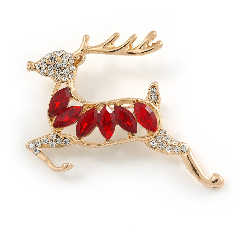 Clear/Red Crystal Christmas Reindeer Brooch In Gold Plating - 45mm