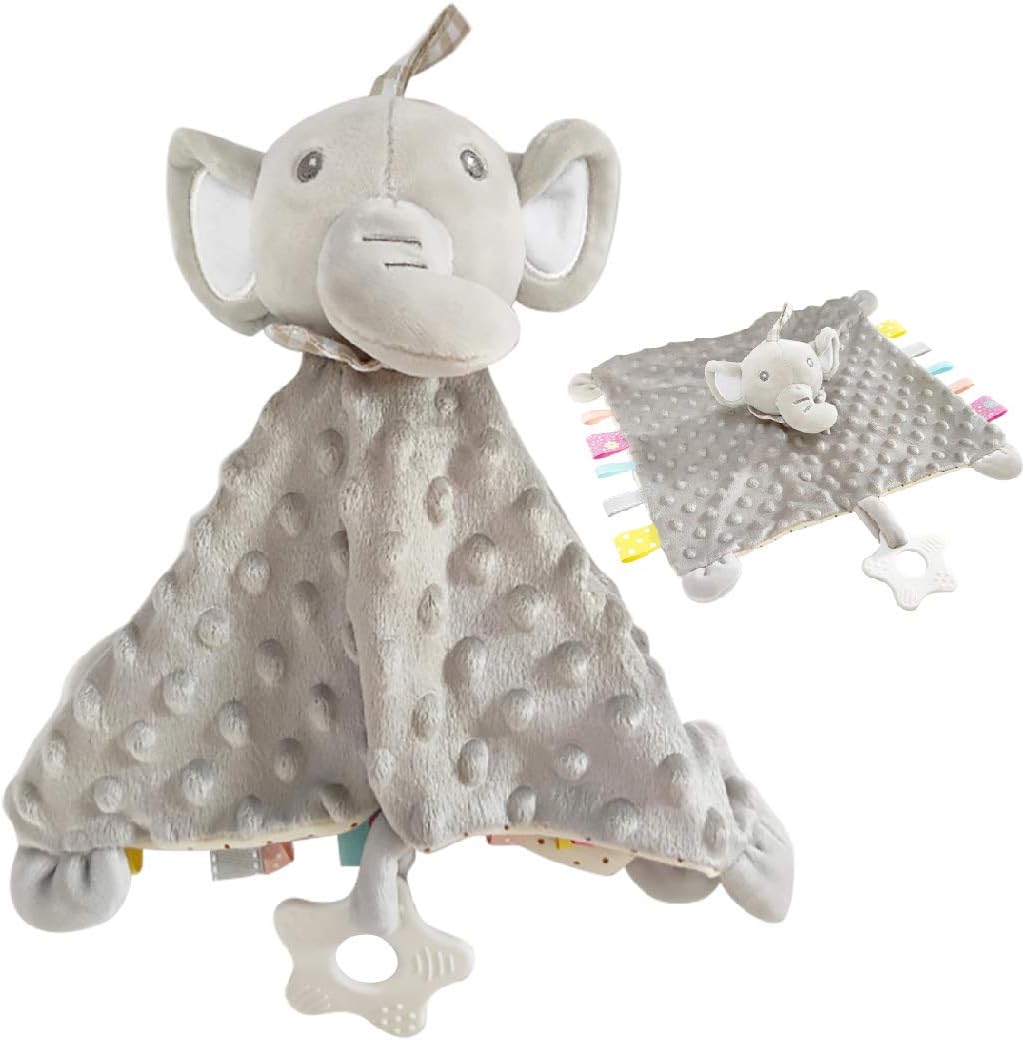 Baby Teething and Soothing Plush Toy Super Soft Flocking Cotton Baby Teething Blanket, Cute Animal Taggies for Babies Perfect (Grey Elephant)