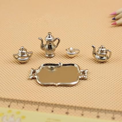 Leoie Miniature Metal Tea Set Mini Teapot Set for 1:12 Doll House Decor