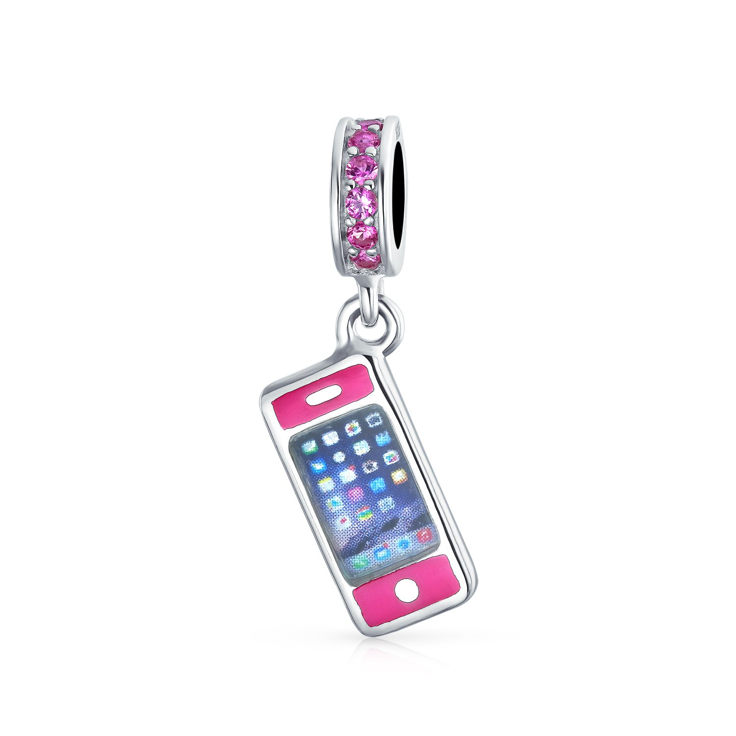 Bling Jewelry Pink Cellular Cell Mobile Smart Phone Dangle Charm Bead For Women Teen Enamel .925 Sterling Silver Fits European Bracelet