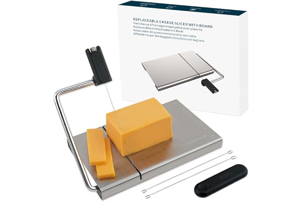 KITCHENDAO Replaceable Wire Cheese Slicer with Board and Measuring Grids,Tightness Adjustable Stainless Steel Metal Cheese Cu