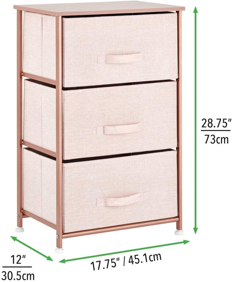 mDesign Vertical Dresser Storage Tower - Sturdy Steel Frame, Wood Top, Easy Pull Fabric Bins - Organizer Unit for Bedroom, Hallway, Entryway, Closets - Textured Print, 3 Drawers - Light Pink/Rose Gold: Home & Kitchen