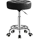 Peonaz 500lb Rolling Stool with Thickened Ultra Soft Padded Seat, 5-mins Easy Assembly Drafting Stool with Round Footrest, PU Leather Adjustable Swivel Stool with Wheels for Home, Office, Spa (Black)