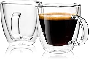 Stylusella Double Wall Espresso Cups 5oz/150ml, A Set of 2, Thermo Insulated Borosilicate Glass Cups with Handle, Double-Wall