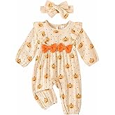 Lenjindjer Newborn Baby Girl Halloween Clothes Puff Sleeve Cotton Linen Ruffle Pumpkin Print Jumpsuit Fall One Piece Outfits