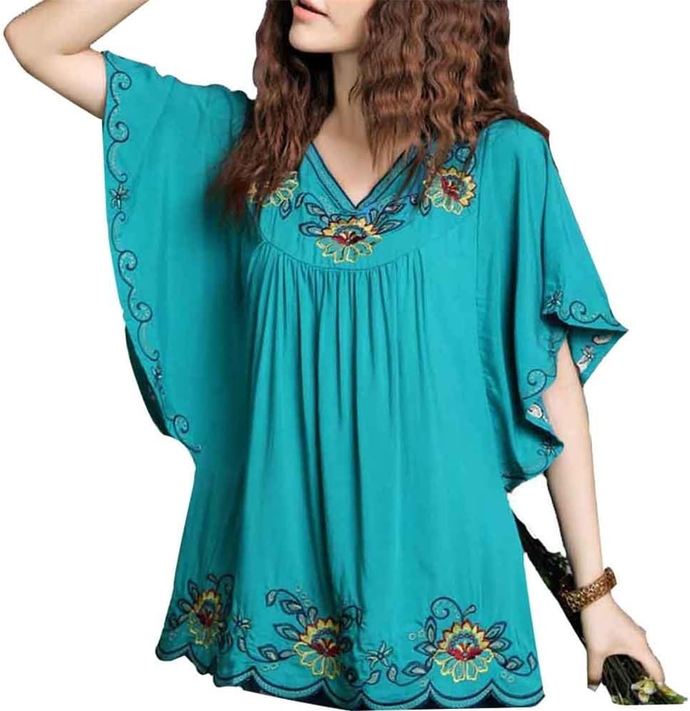Xinqiao Girls Women's Short-Sleeve Embroidered Mexican Tops Shirt Tunic Blouse