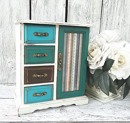 Teal and Turquoise- Multi Color - Shabby Chic Four Drawer Jewelry Box - Vintage Up-cycled Painted Jewelry Case - Distressed and Worn - Necklace Cabinet - READY TO SHIP