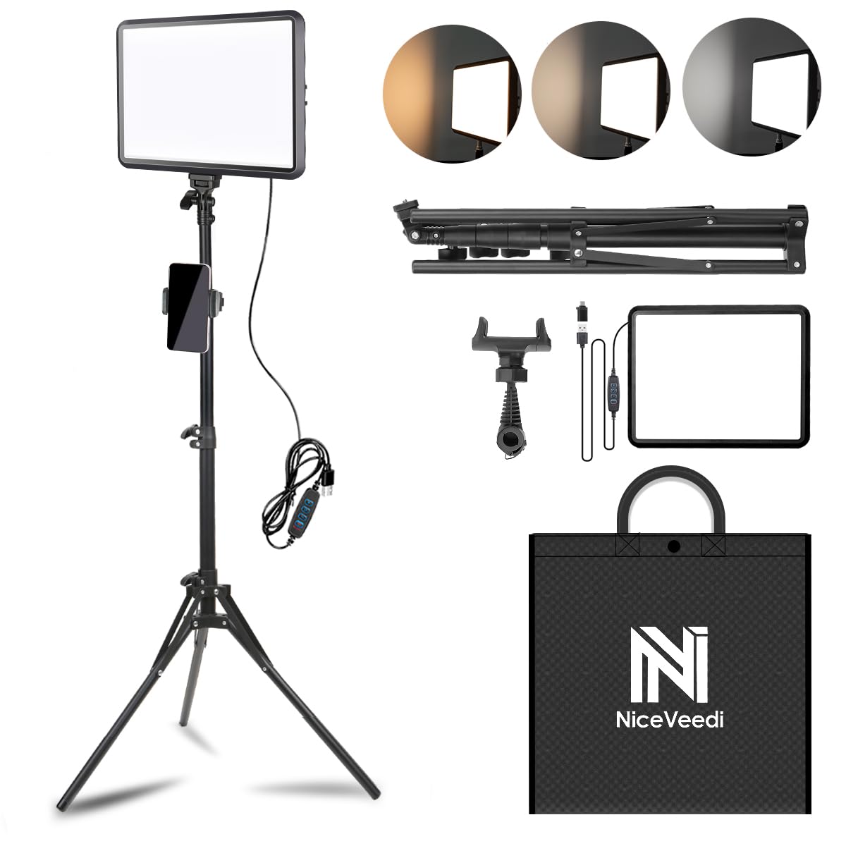 NiceVeedi Photography Lighting Kit, 25 * 20CM Dimmable 15W LED Studio Video Light, Stream Selfie Light for Recording/Game Streaming/Camera Portrait, With 160CM Tripod (15w-1 Pack)