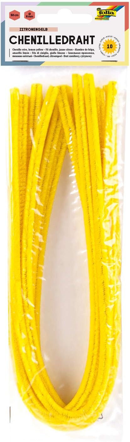 folia 77812 Chenille Wire, Pipe Cleaners, Pack of 10 in Lemon Yellow, Diameter 8 mm and 50 cm Long