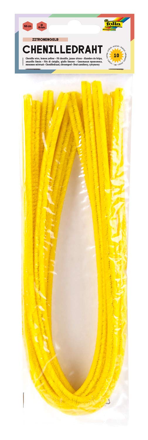 folia 77812 Chenille Wire, Pipe Cleaners, Pack of 10 in Lemon Yellow, Diameter 8 mm and 50 cm Long, Ideal for Children for Crafts and Designing Animals, Figures and Other Shapes