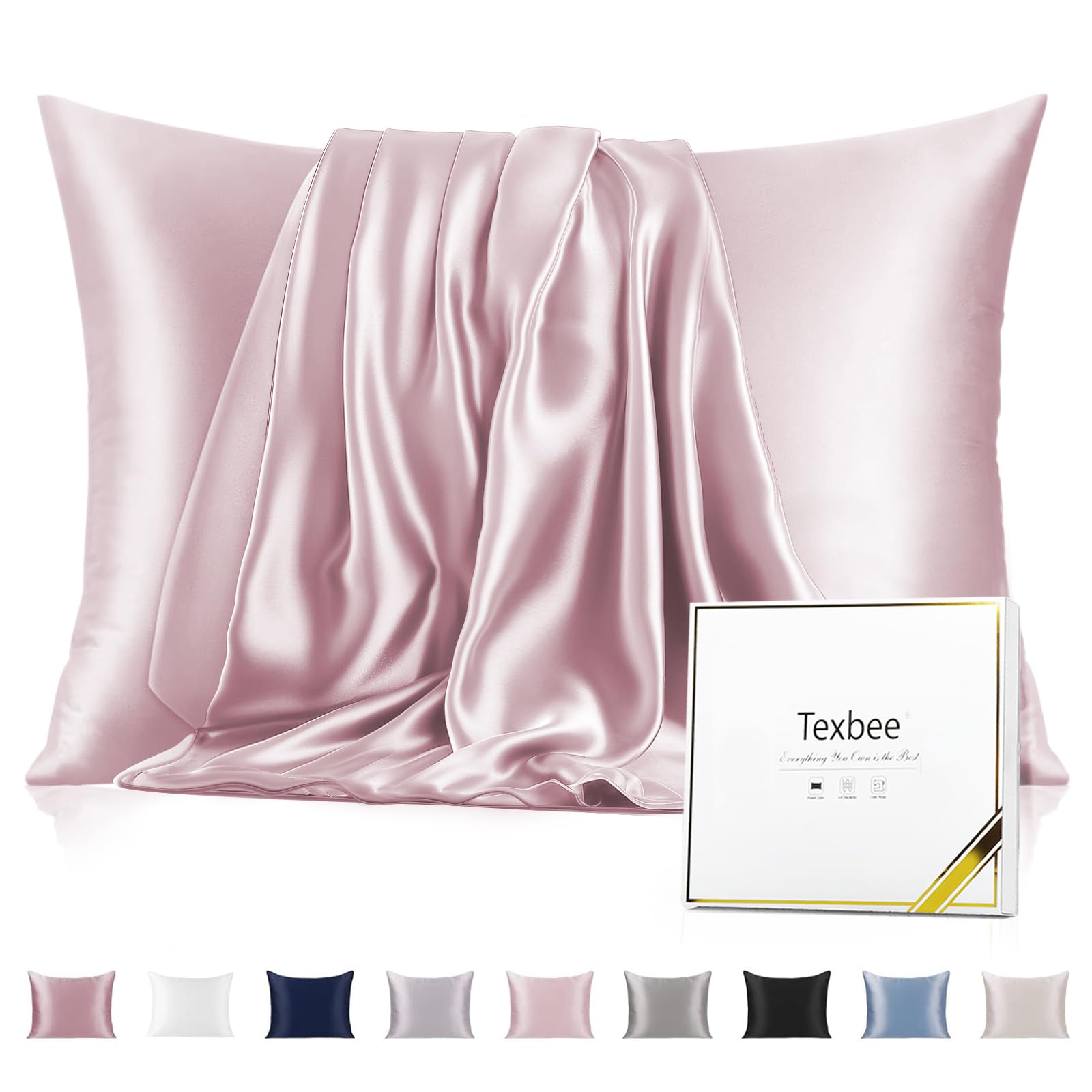 Texbee Silk Pillowcase, 22 Momme Mulberry Silk Pillowcases for Hair and Skin Health, Soft Smooth Breathable Cool Silk Pillow Case for Beauty Sleep, with Gift Box, 1pc (Queen 50x75 cm, Pink)