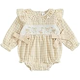 SHUING Infant Baby Girl Outfit Goose Embroidery Plaid Long Sleeve Smocked Bubble Romper Bodysuit Newborn Farm Clothes Fall