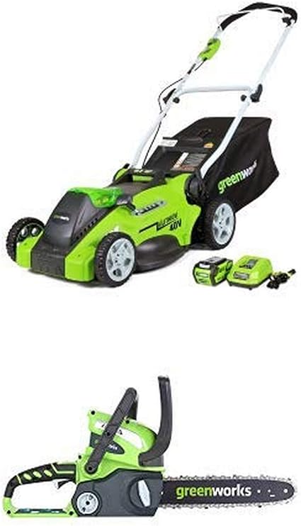 Amazon Com Greenworks 16 Inch 40v Cordless Lawn Mower With 12 Inch 40v Cordless Chainsaw Battery Not Included 20292 Garden Outdoor