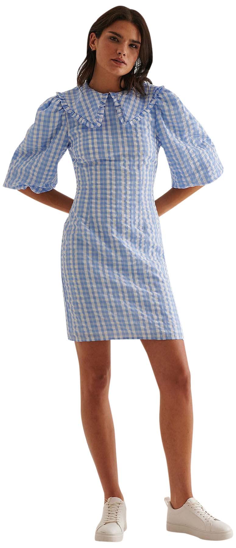 NA-KD Ballon Sleeve mini Dress, Blue Check, EU 40