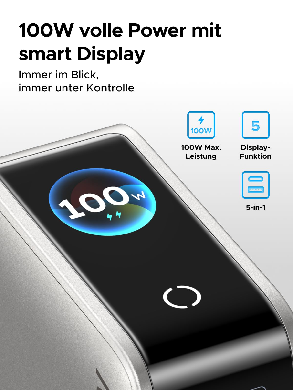 UGREEN Nexode Pro 100W USB C Ladegerät, GaN Netzteil 5-Port mit Smart Display & Touch Control, Laptop Charger PPS Schnellladegerät kompatibel mit MacBook Pro/Air/Neo, iPad, iPhone 17, Galaxy S26, S25 2