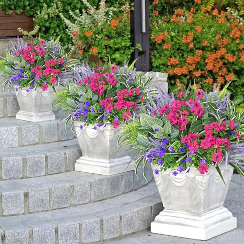 UXORSN 20PCS Artificial Plants Outdoor Fake Flowers UV Resistant Artificial Flowers Greenery Stems Boston Fern Lavender Faux Shrubs Plastic Plant for Garden Porch Planter Window Box Decor