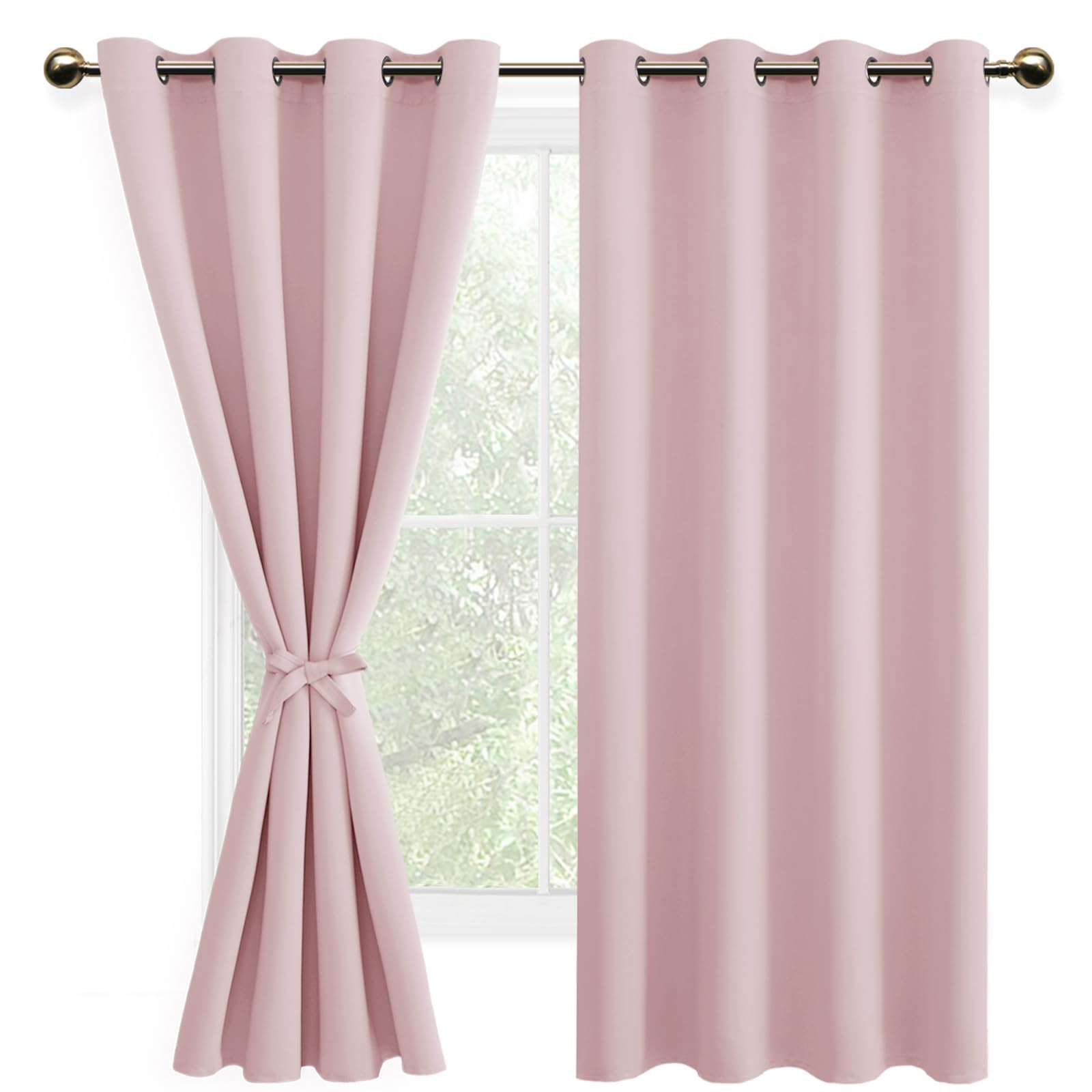 DWCN Blackout Curtains with Tiebacks for Bedroom Thermal Insulated Solid Eyelet Curtains for Living Room,2 Panels,52" Wide x 63" Drop Pink