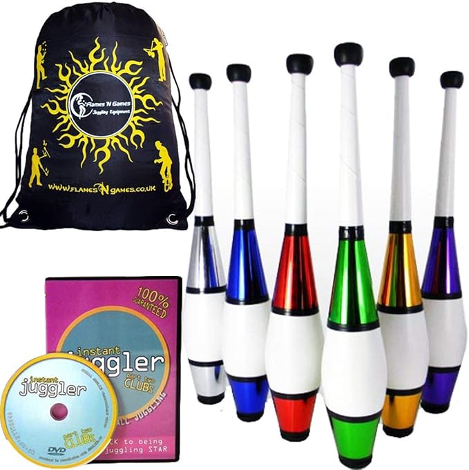 Juggle Dream EURO PRO Juggling Clubs Set of 3 (12ColourVariations) + INSTANT Club DVD + Flames