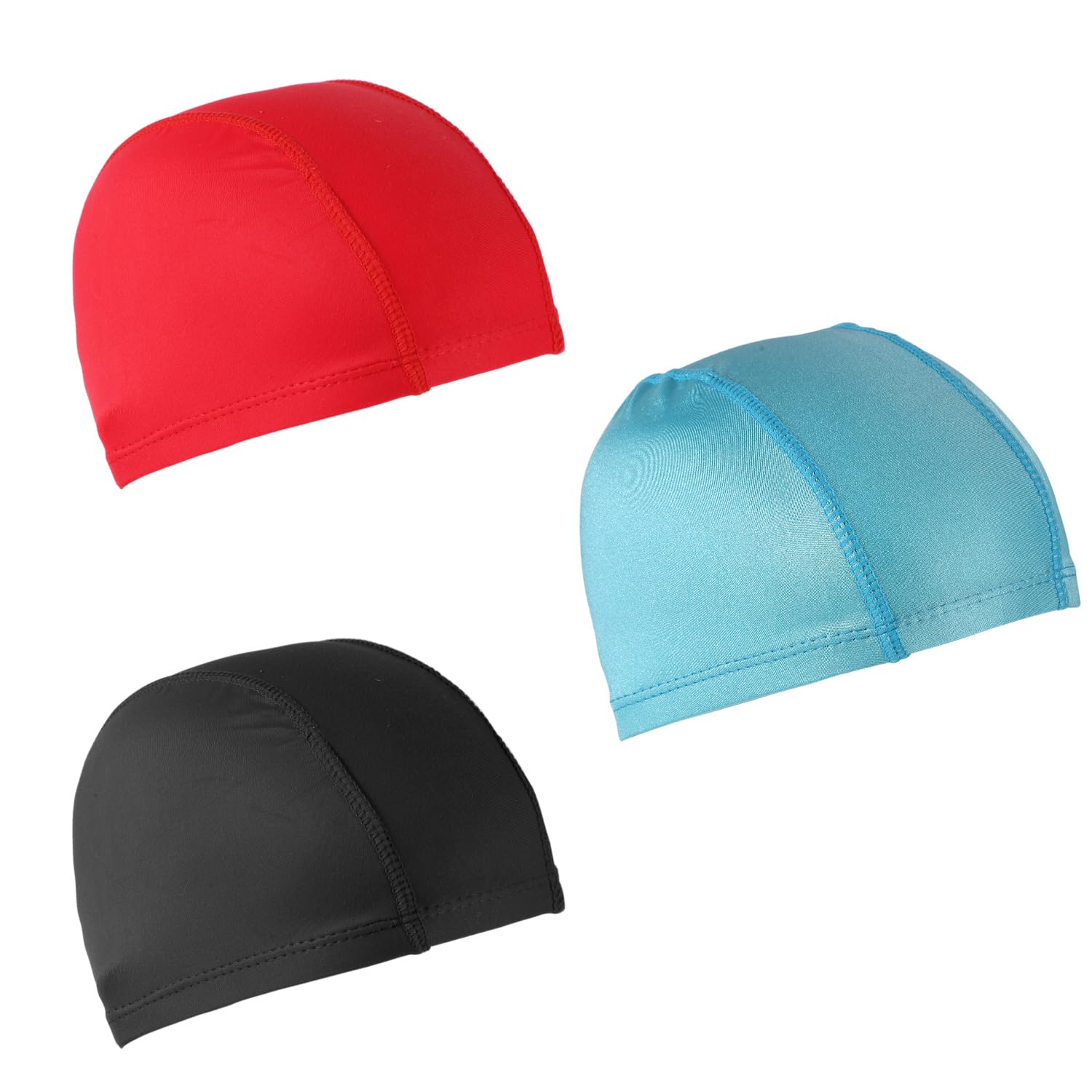 3pcs Elastic Swim Caps, Unisex Swimming Caps Anti-Slip Bathing Caps Swimming Pool Hat for Women Men Kids Boys Girls Long & Short Hair (Black, Red, Blue)