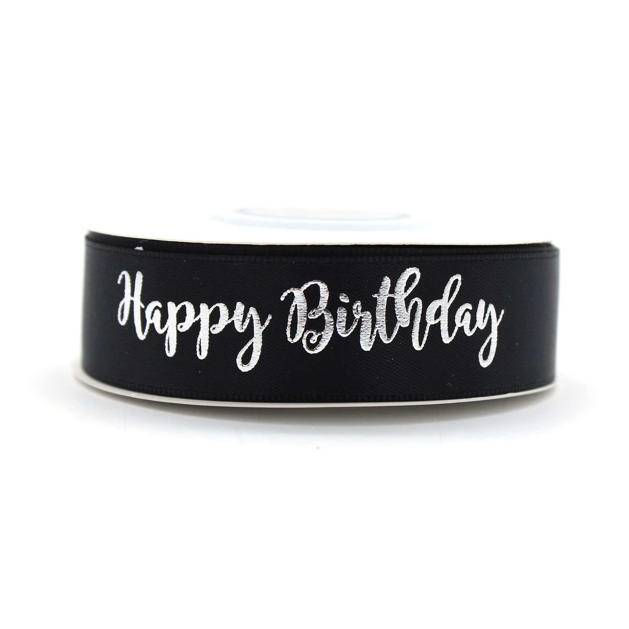 OMISS - Black Ribbon with Silver Writing - Happy Birthday - Birthday Decoration (Black)