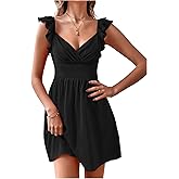 SweatyRocks Women's Casual Sleeveless Tie Back Sweetheart Neck Ruffle Trim Mini Dress