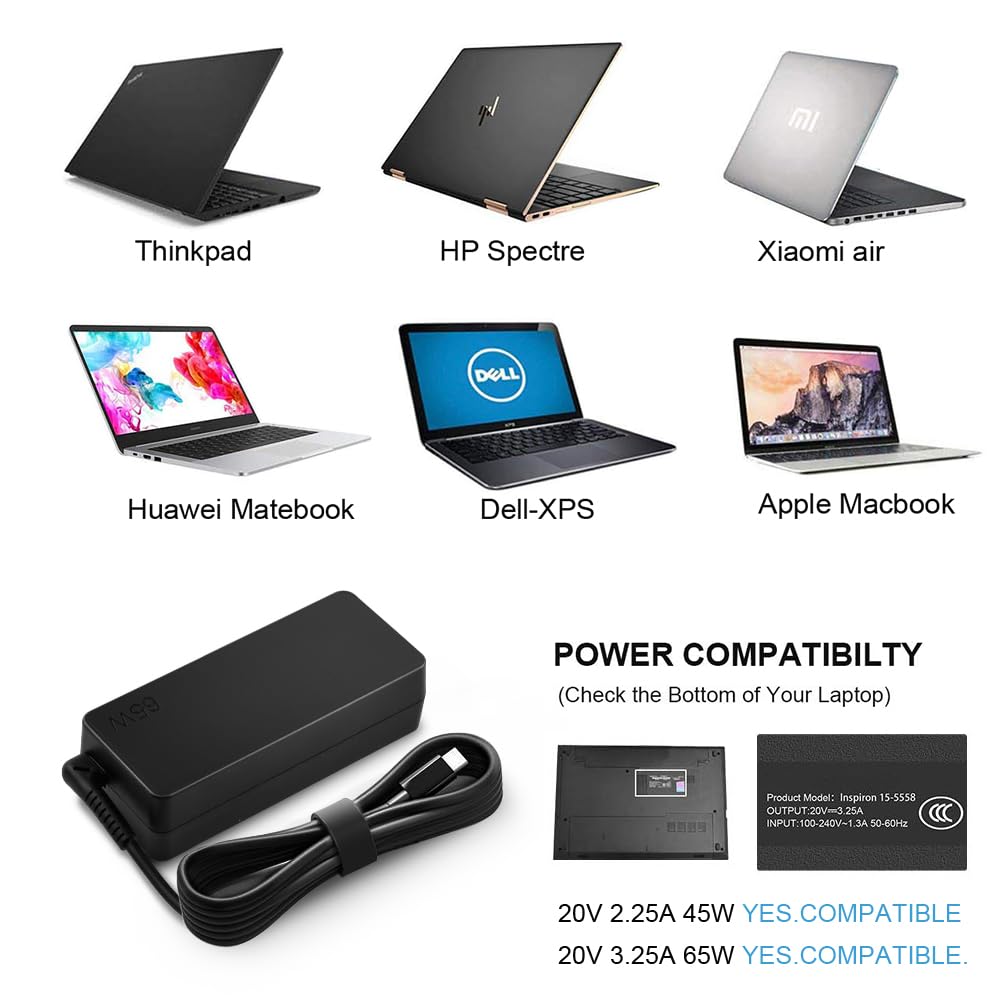 Charger Compatible with Lenovo Laptop Computer 65W 45W USB C Fast Power Adapter