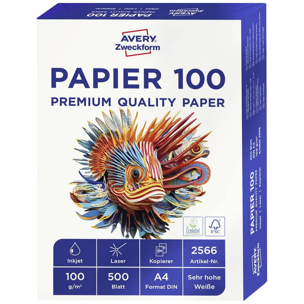 AVERY Zweckform 2566 Printer/Copier Paper (500 Sheets, 100 g/m², DIN A4 Paper, Brilliant White, for All Printers) 1 Pack