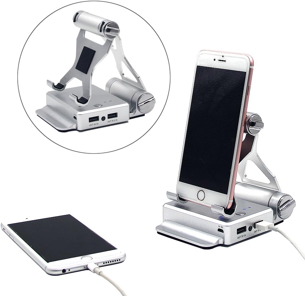Phone Tablet Stand Holder + 10400mAh Power Bank Dual USB External Battery Charger for iPhone 7, iPhone 7 Plus,iPhone 6,iPhone 6s, Samsung Galaxy and iPad (Silvery 2in1)