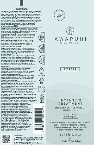 AWAPUHI WILD GINGER BY PAUL MITCHELL INTENSIVE TREATMENT, REBUILDS + REPAIRS, FOR DRY, DAMAGED + COLOR-TREATED HAIR, 5.1 FL. OZ.