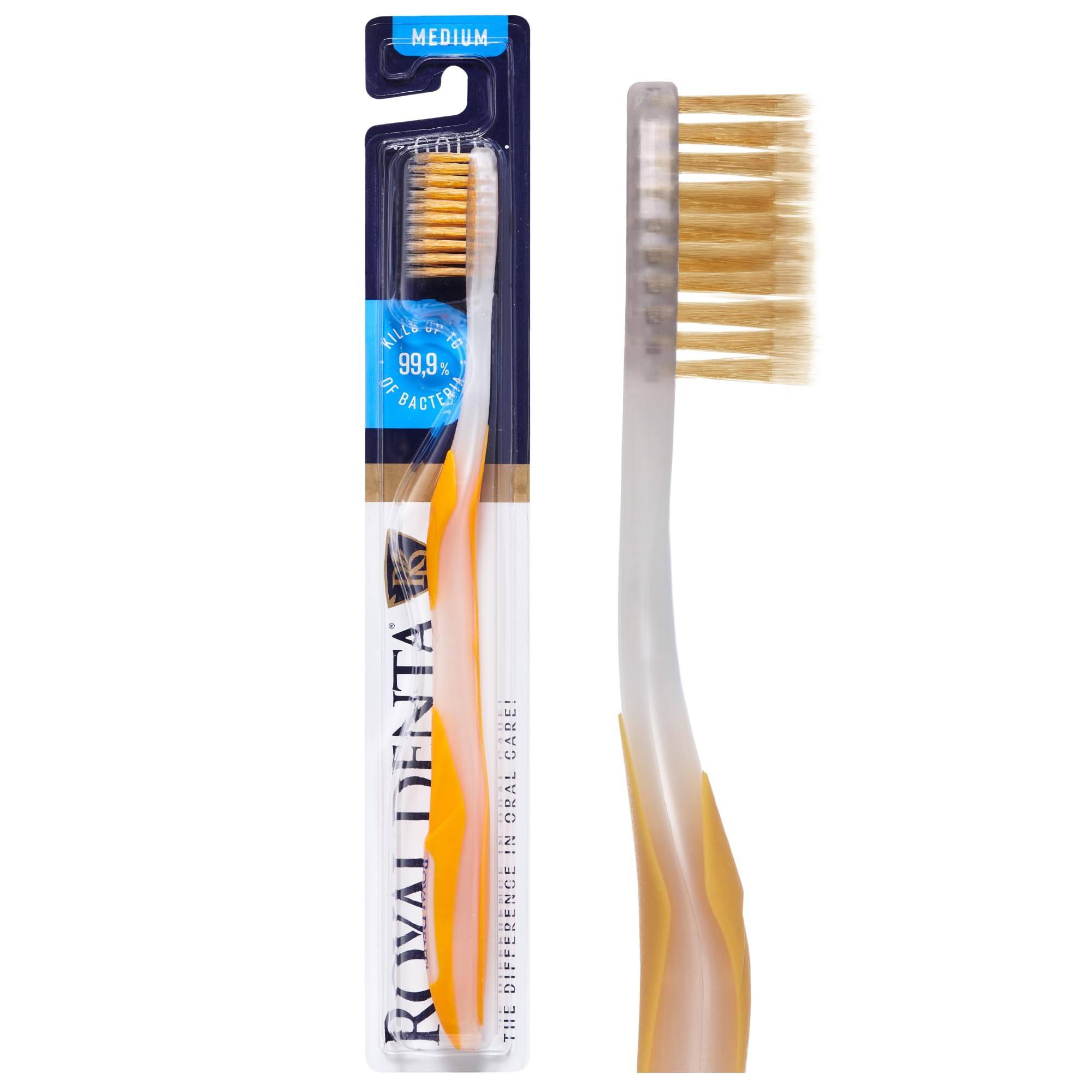 Royal Denta Manual Toothbrush for Adults, Medium Soft Toothbrush with Dual Length Gold Bristles, Interdental, Flossing Brush & Teeth Whitening, Ergonomic Grip Handle (Yellow)