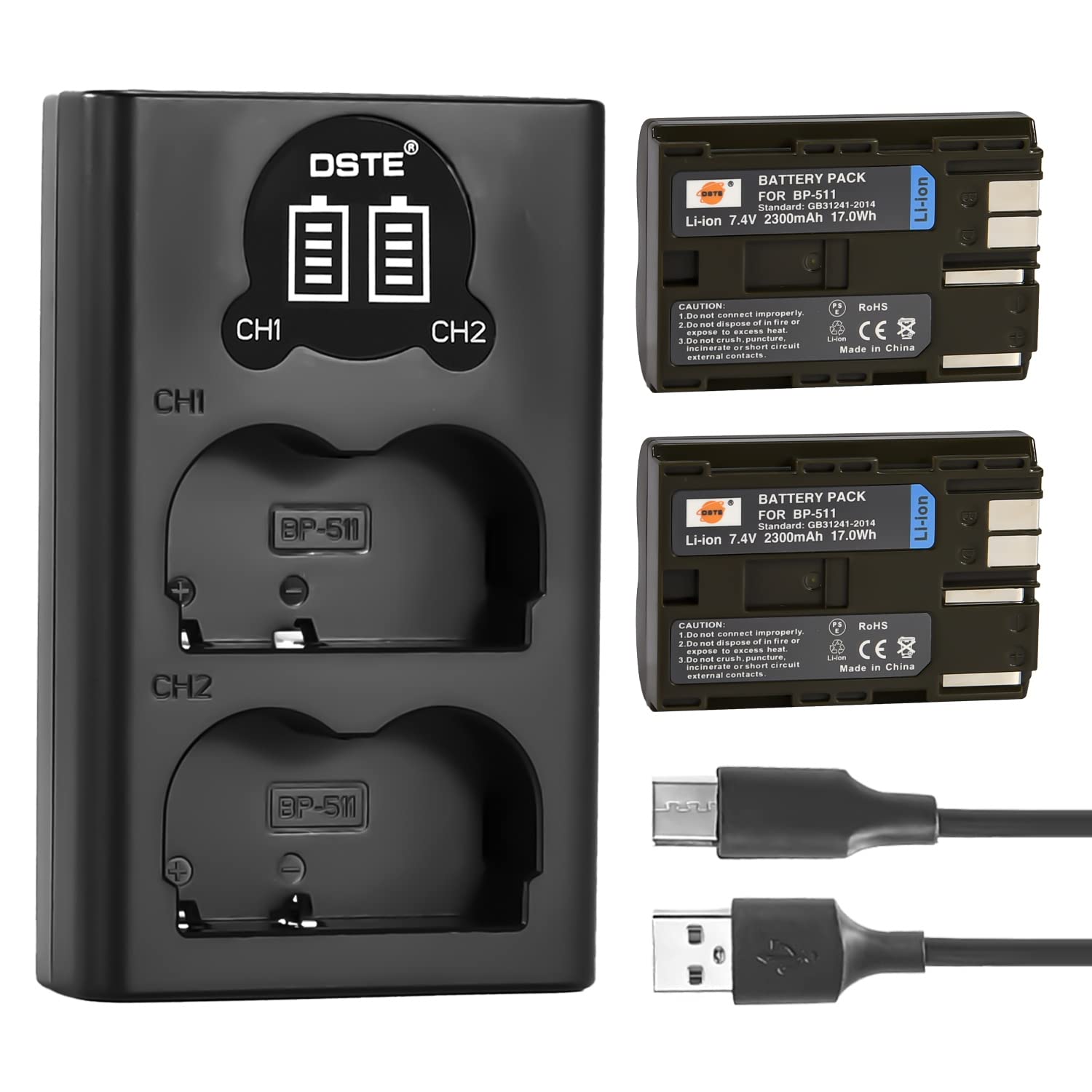 DSTE BP-511 BP-511A Rechargerable Battery (2-Pack) and Smart LED Dual USB Charger Compatible with Canon EOS 300D 50D D30 D60