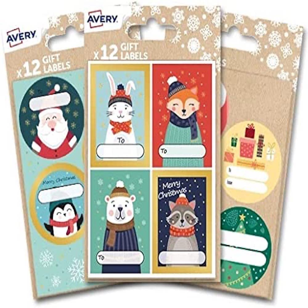 Avery 36 PCS Festive Kid Pack, Premium Christmas Name Gift Labels, Gift Wrapping Bag Decoration, Colour-Your-own Labels