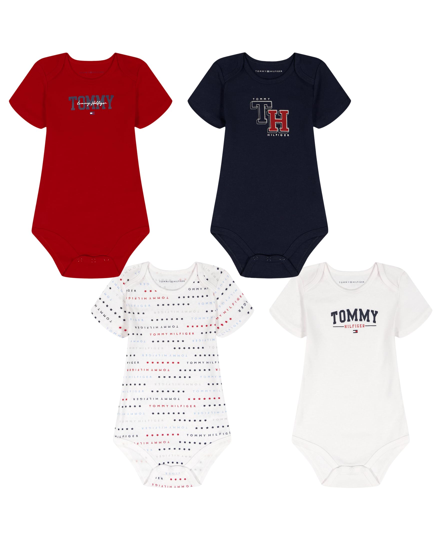 Tommy Hilfiger Baby Boy’s 4-Pack Short Sleeve Bodysuit, Red/Navy/White, 12 Months