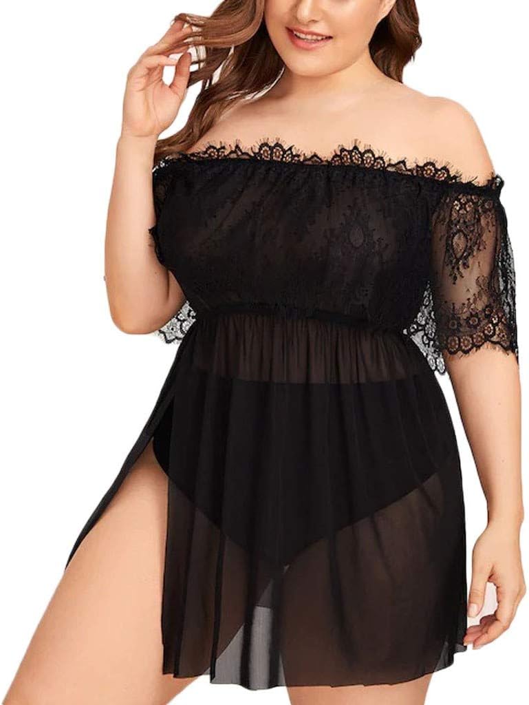 Gallity Plus Size Lace Sheer Mesh Lingerie, Women's Sexy Chemises Lace Off Shoulder Chemises Mini Babydoll See Through Nightdress XL-4XL (XL, Black)