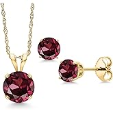 Gem Stone King 14K Yellow Gold Red Rhodolite Garnet Pendant Earrings Jewelry Set For Women | 1.74 Cttw | Gemstone January Birthstone | Round 6MM | with 18 Inch Gold Chain