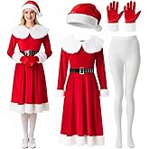 Haysandy 4 Pcs Christmas Mrs. Santa Claus Costume Outfit Women Velvet Dress Hat Gloves Pantyhose for Cosplay Party